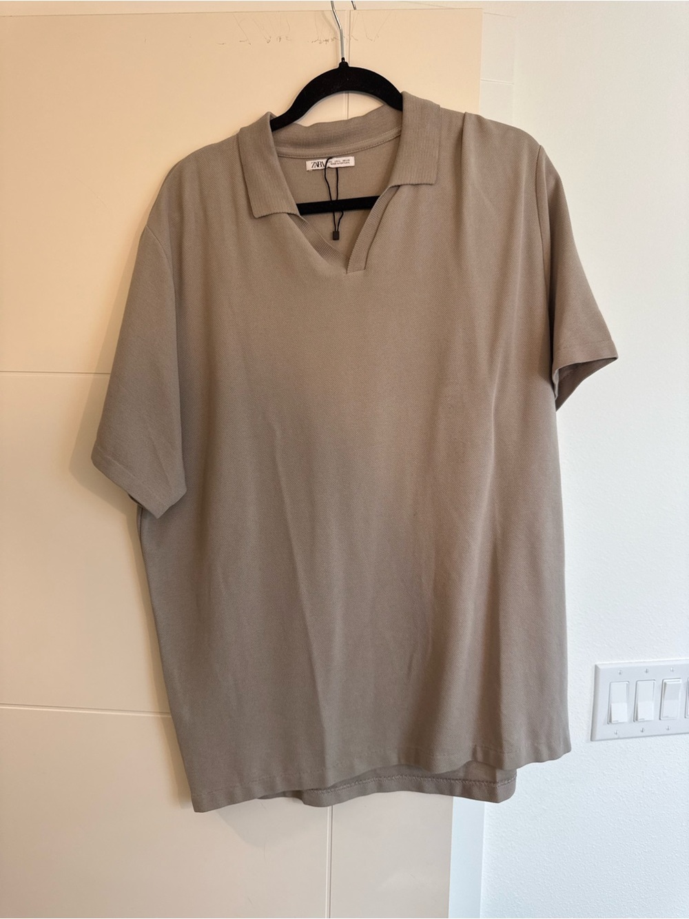 Zara Taupe V‑Notch Short Sleeve Polo